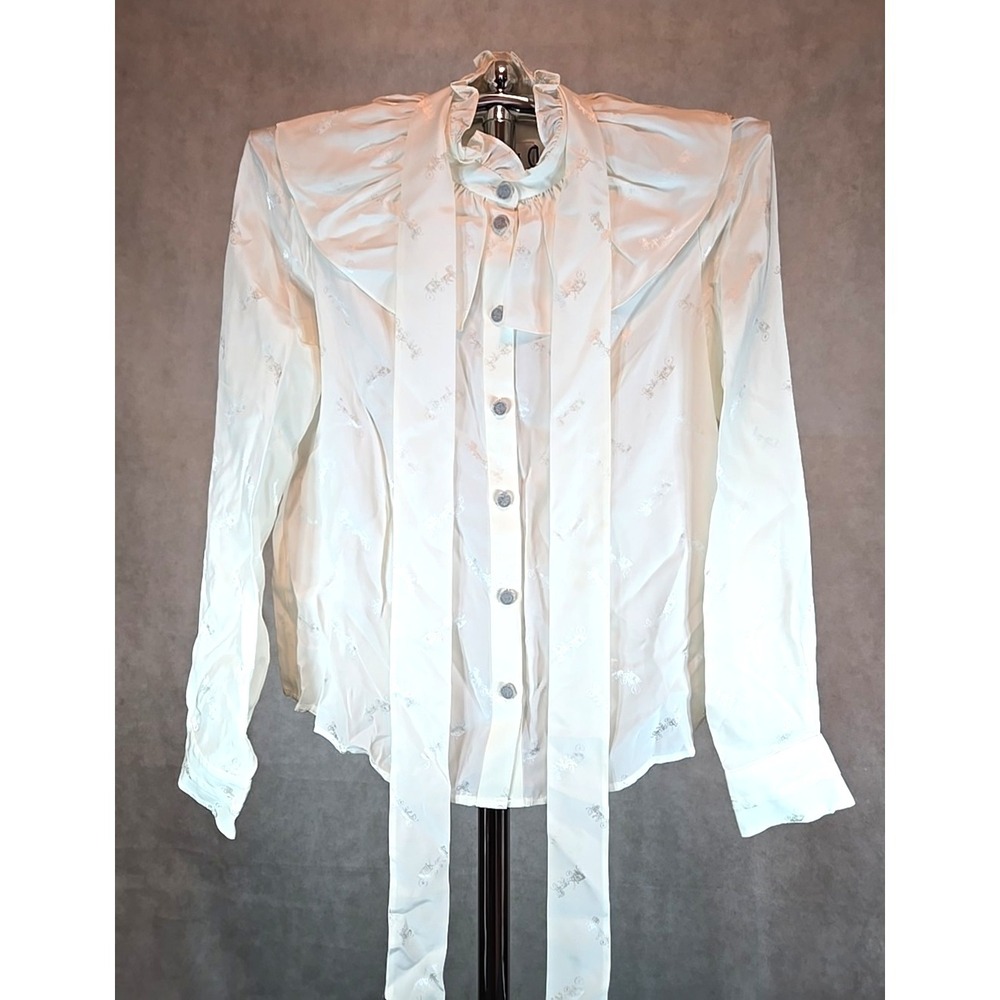 Coach Blouse Signature H & C Jacquard Shirt Long Sleeve Silk Blend White Size 2